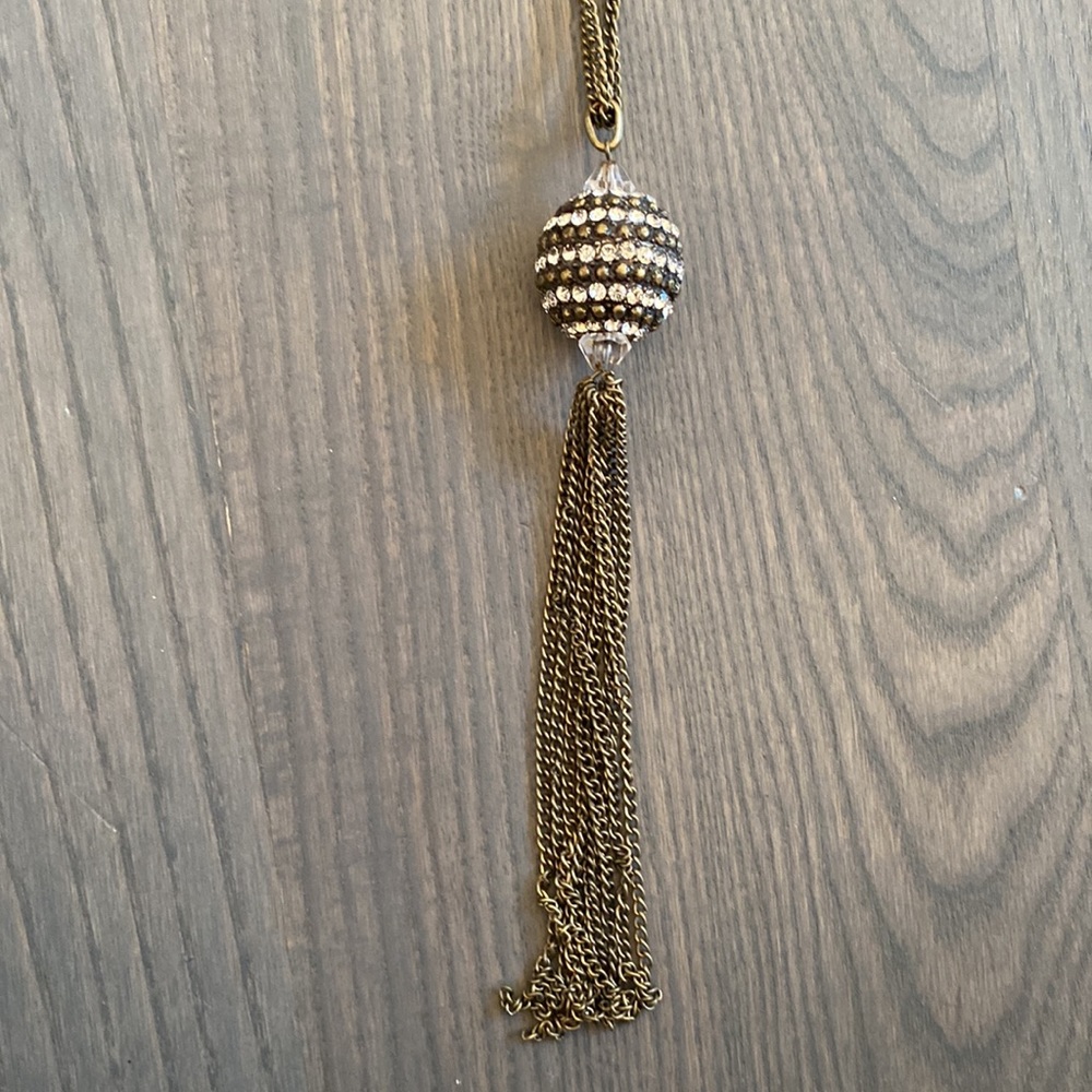3 for $18 Long double chain necklace w/ rhinestone ball pendant and chain tassel - Picture 3 of 4